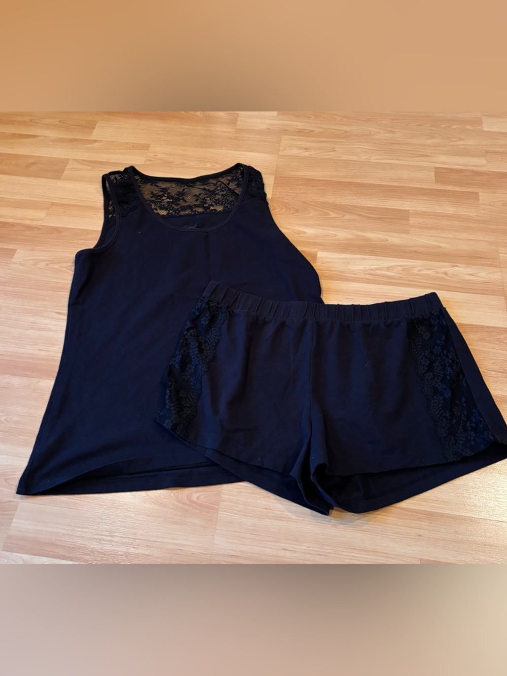 5/$25 Lusome Black Lace Trim Tank Top & Shorts Sleep Set